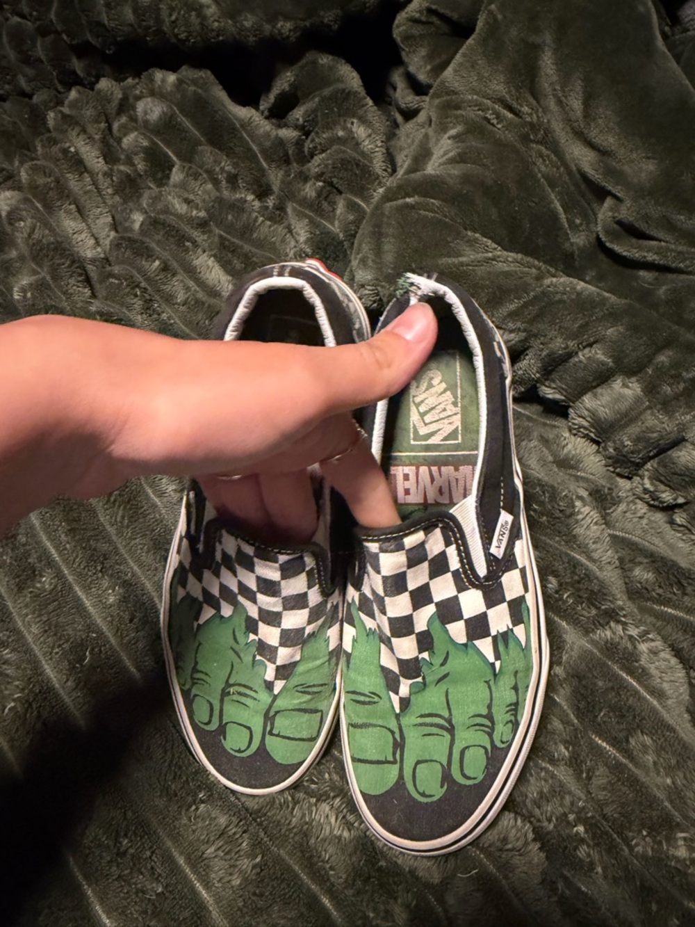 Rare Vans Green and Black Checkered Hulk Graphic Slip-On Shoes